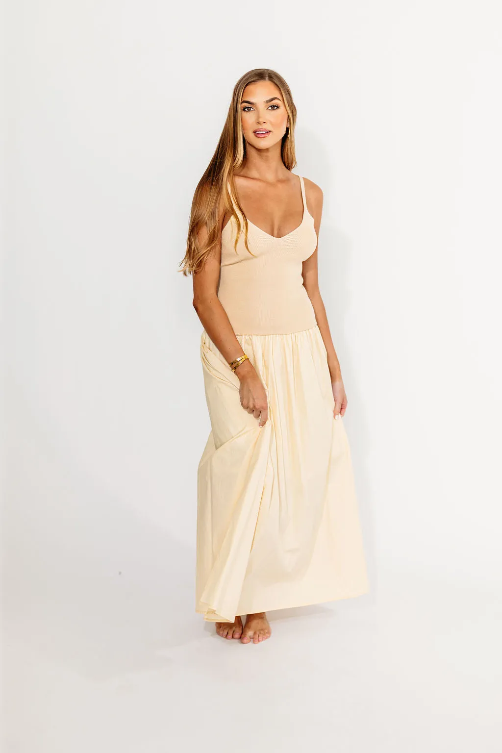Gaby V-Neck Mixed Media Maxi Dress in Cream *Final-Sale* sold by Worth Collective product image thumbnail 2