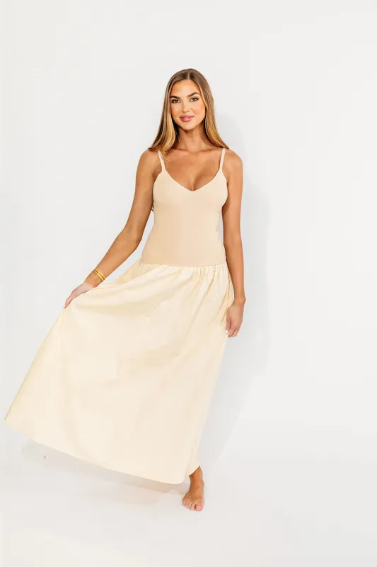 Gaby V-Neck Mixed Media Maxi Dress in Cream *Final-Sale* sold by Worth Collective