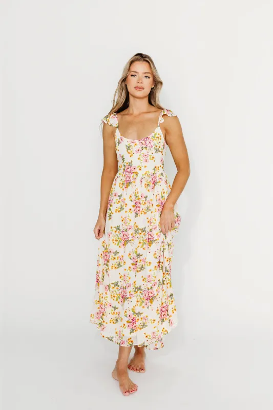 Jada Floral Flutter Sleeve Open Back Midi Dress in Natural/Dusty Pink sold by Worth Collective