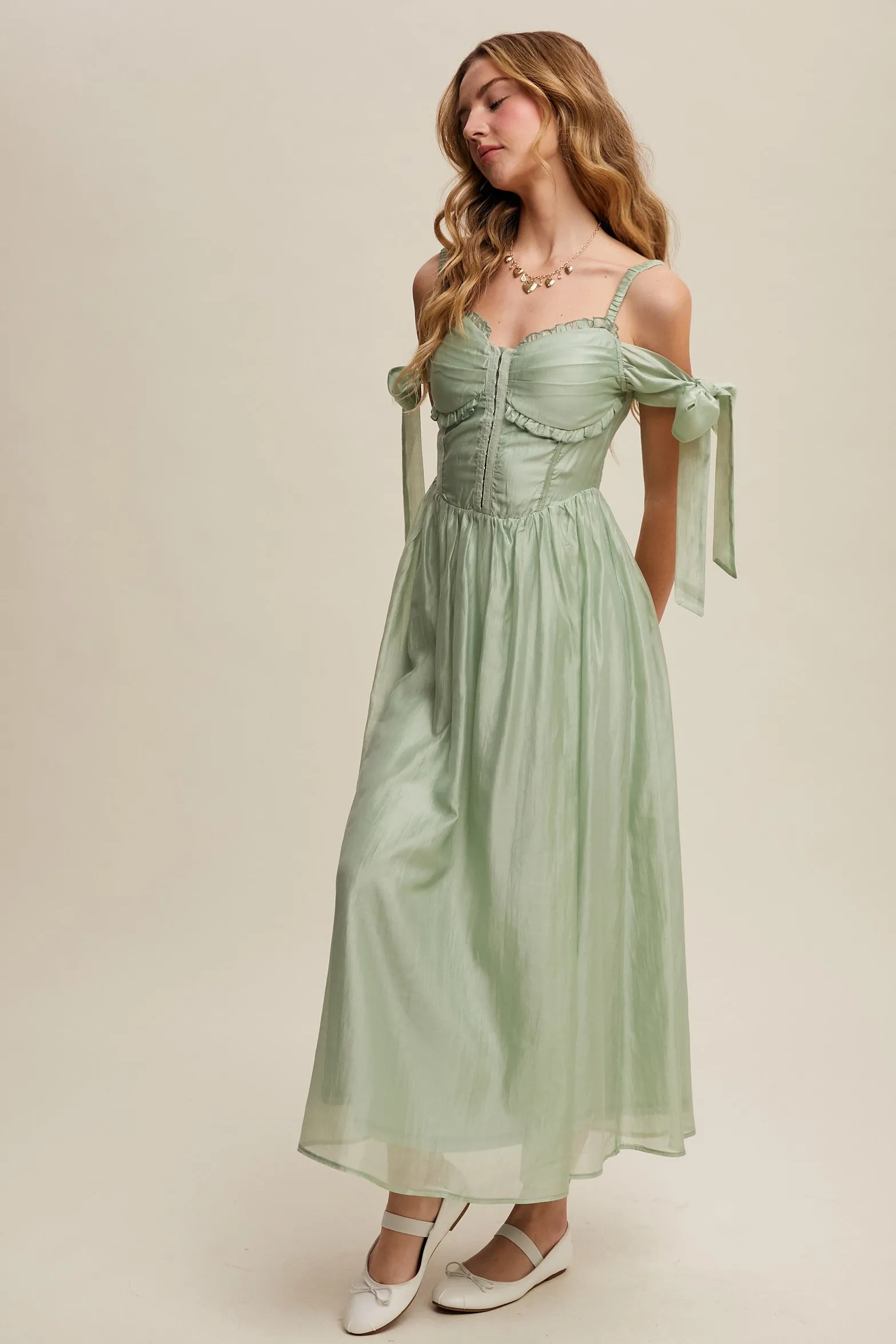Paulina Sleeveless Sweetheart Midi Dress in Light Sage sold by Worth Collective product image thumbnail 3