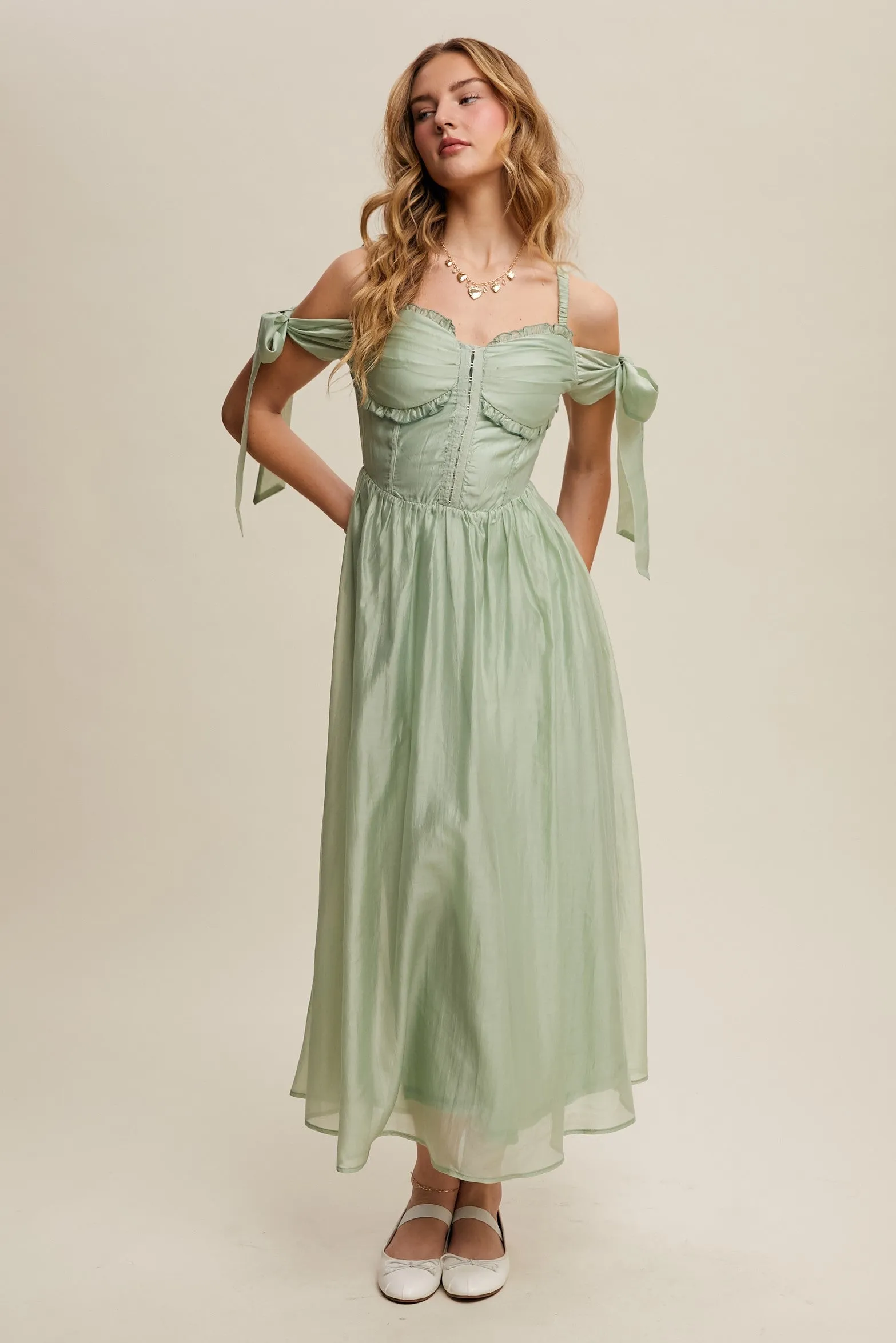 Paulina Sleeveless Sweetheart Midi Dress in Light Sage sold by Worth Collective product image thumbnail 2