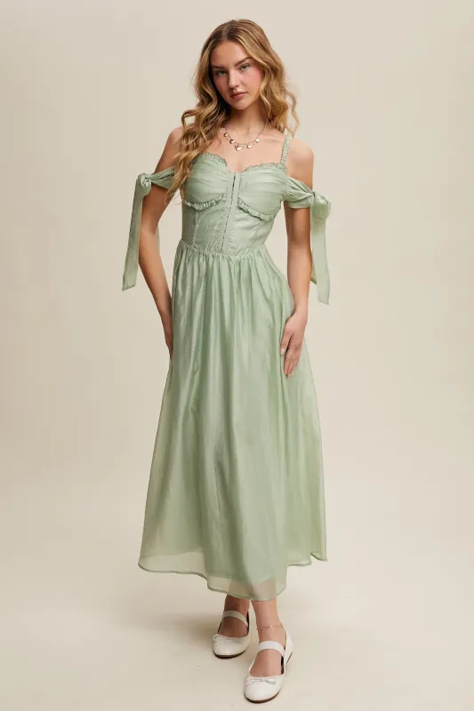 Paulina Sleeveless Sweetheart Midi Dress in Light Sage sold by Worth Collective