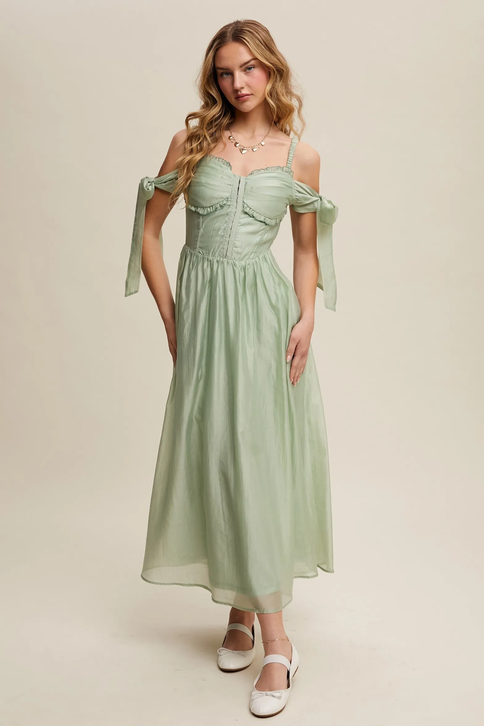 Paulina Sleeveless Sweetheart Midi Dress in Light Sage sold by Worth Collective