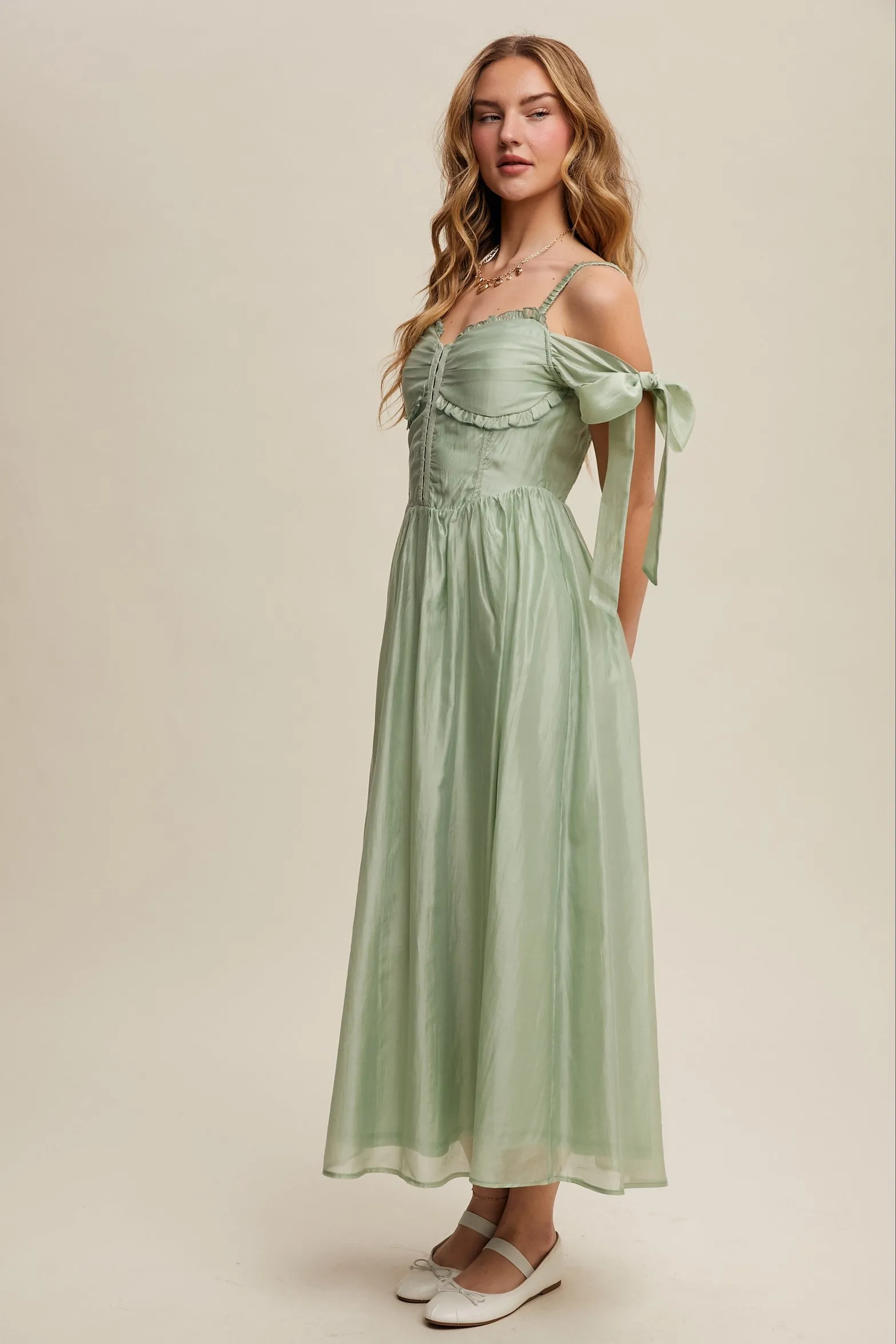 Paulina Sleeveless Sweetheart Midi Dress in Light Sage sold by Worth Collective product image thumbnail 4