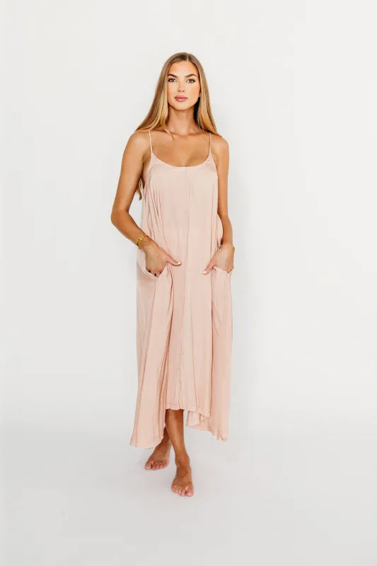 Ensley Satin Tent Maxi Dress in Pink Clay sold by Worth Collective
