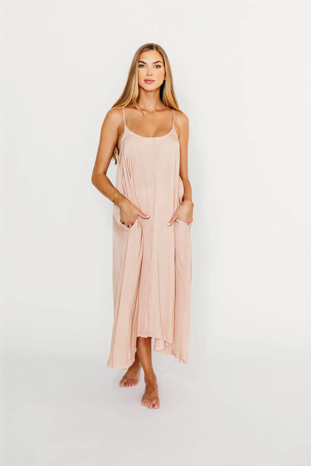Ensley Satin Tent Maxi Dress in Pink Clay sold by Worth Collective