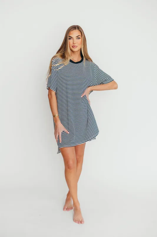 Sonny T-Shirt Dress in Navy/White Stripe sold by Worth Collective