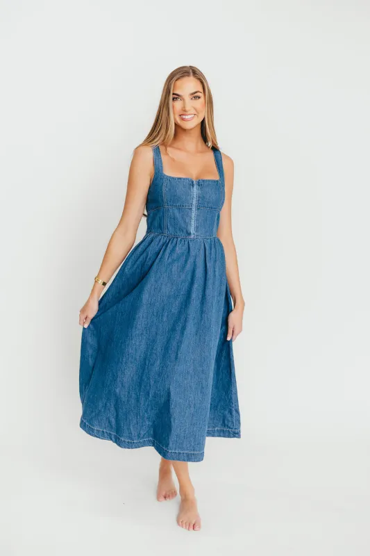Frankie 100% Cotton Bustier Midi Dress in Denim made by Moon River