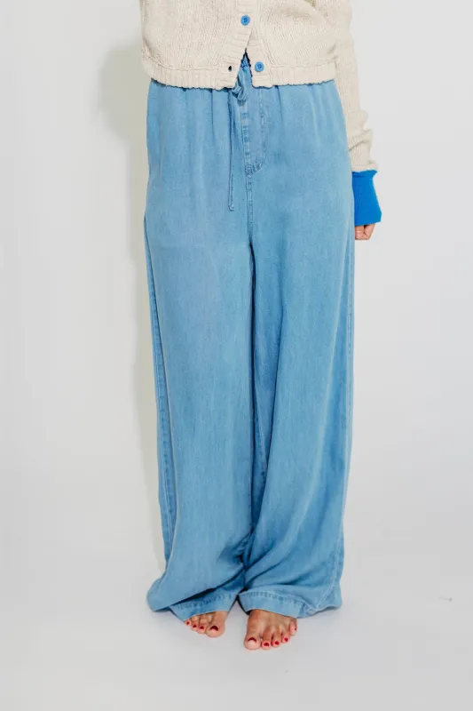 Andrea Elastic Waist Wide Leg Pants in Chambray sold by Worth Collective
