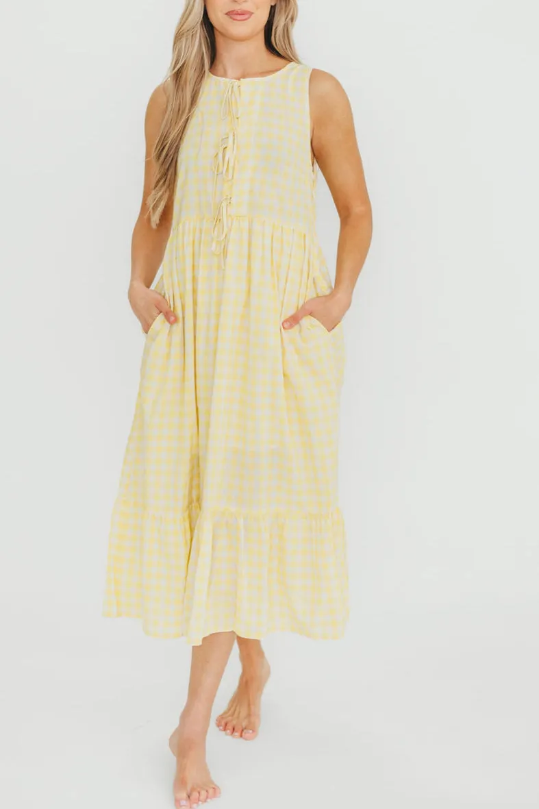 Alana Gingham Ribbon Detail Midi Dress in Butter sold by Worth Collective