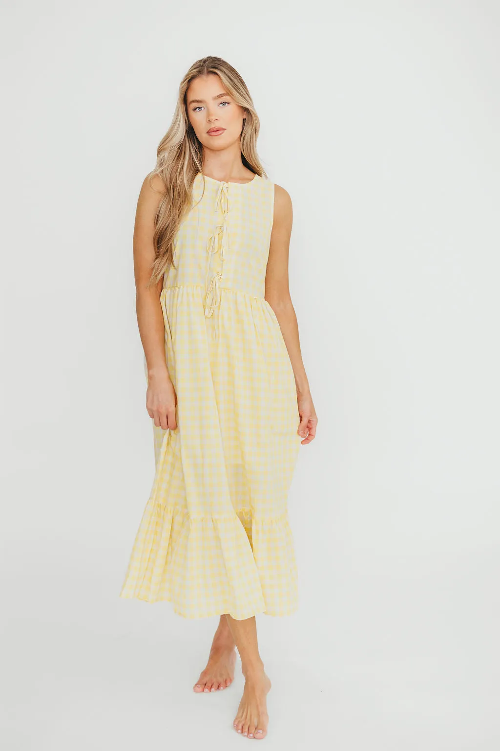 Alana Gingham Ribbon Detail Midi Dress in Butter sold by Worth Collective product image thumbnail 4