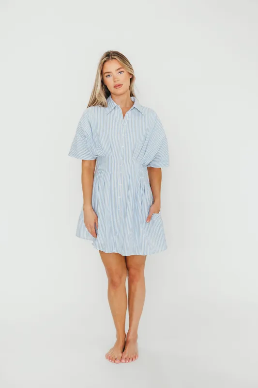 Jojo 100% Cotton Pleated Mini Shirt Dress in Blue sold by Worth Collective