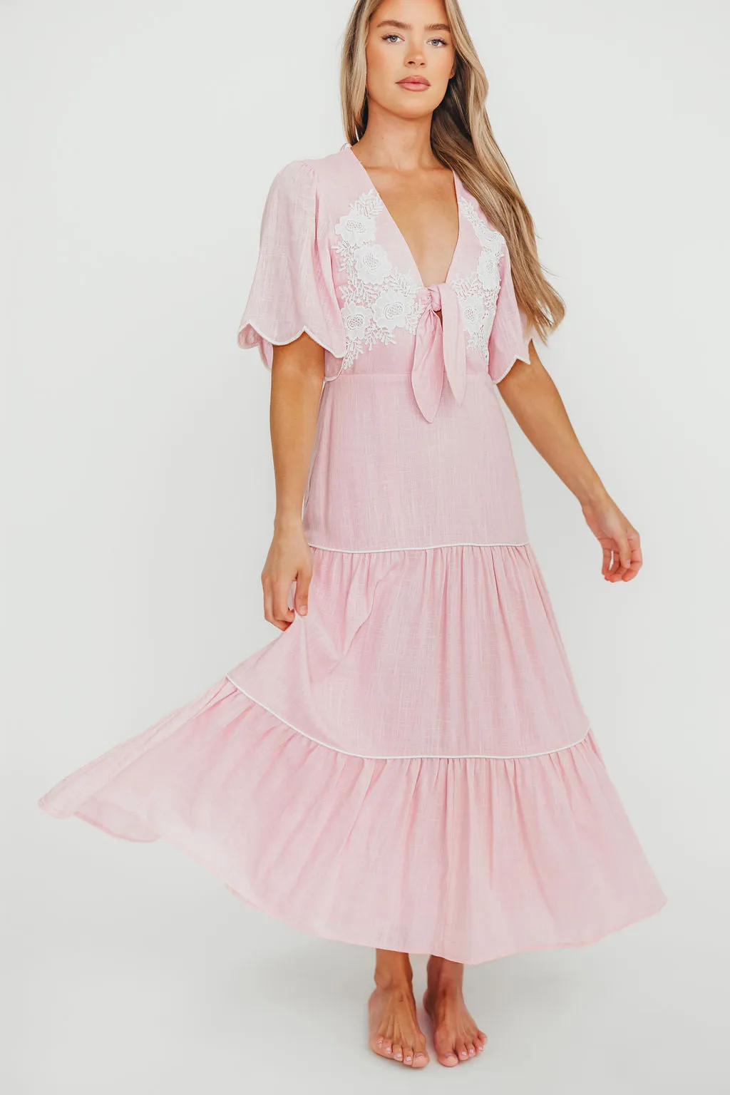Lena Embroidered Tiered Midi Dress in Soft Pink sold by Worth Collective product image thumbnail 4