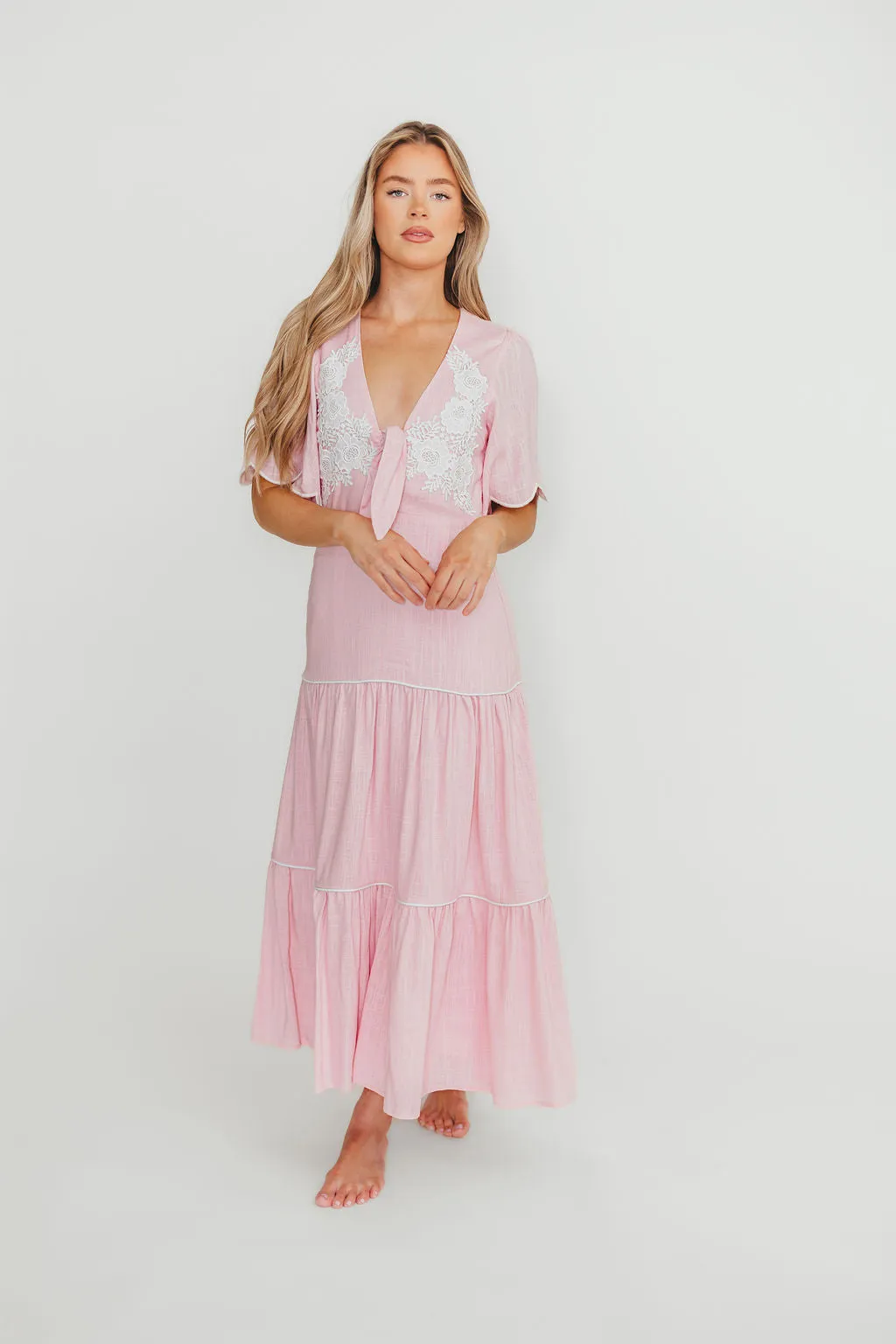 Lena Embroidered Tiered Midi Dress in Soft Pink sold by Worth Collective product image thumbnail 3