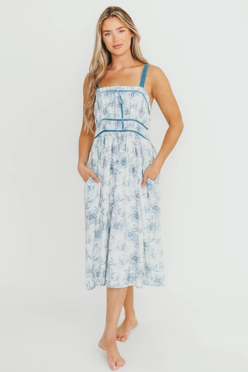 Olsen Midi Dress in Blue/White sold by Worth Collective
