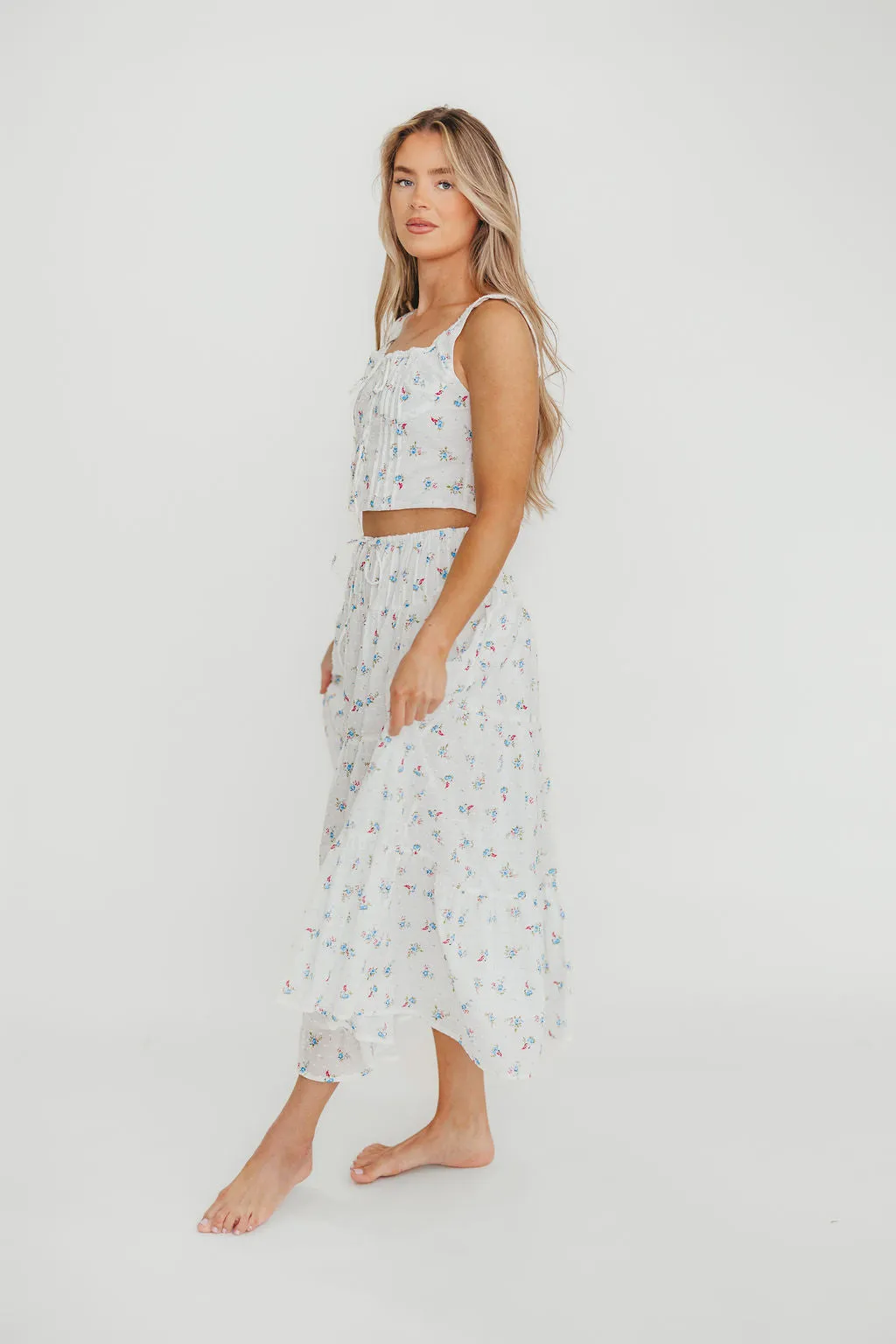 Florence 100% Cotton Corset Top & Skirt Set in White Floral sold by Worth Collective