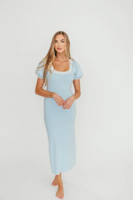 Mary Kate Bow Shoulder Sweater Maxi Dress in Sky/White sold by Worth Collective