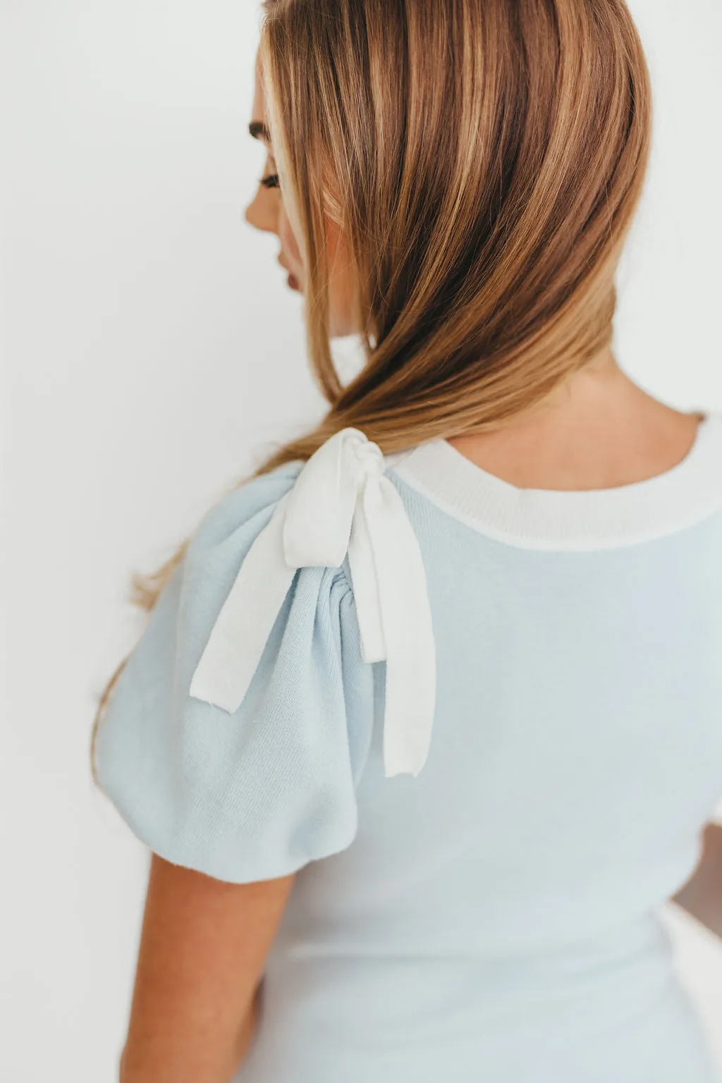 Mary Kate Bow Shoulder Sweater Maxi Dress in Sky/White sold by Worth Collective product image thumbnail 3