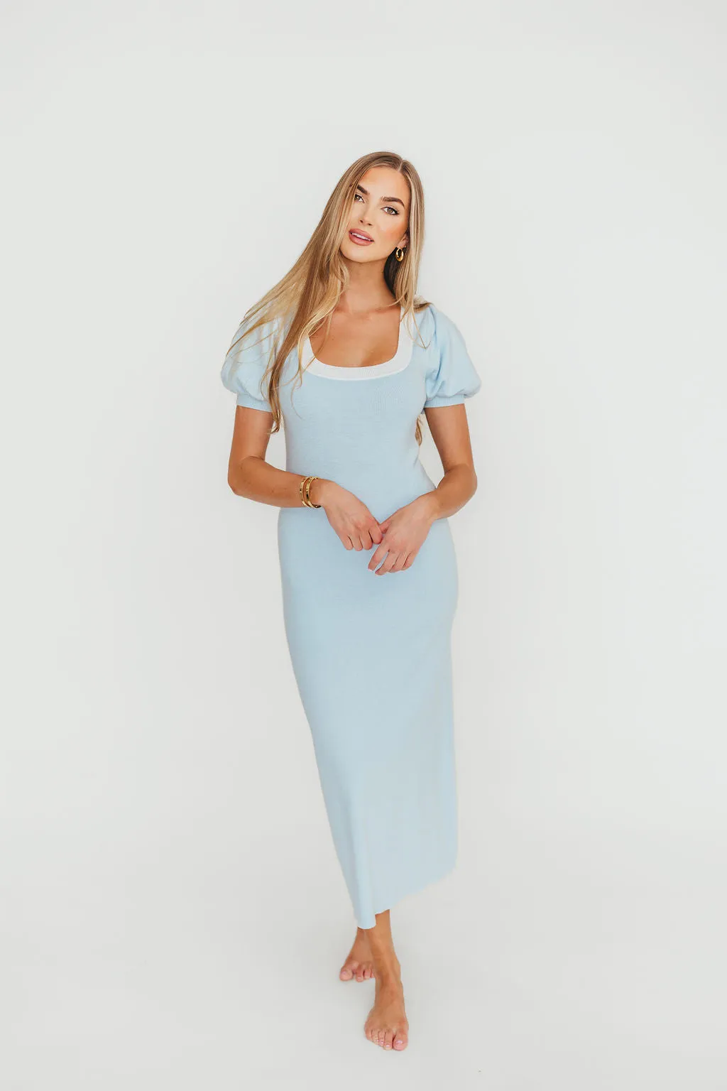 Mary Kate Bow Shoulder Sweater Maxi Dress in Sky/White sold by Worth Collective product image thumbnail 2