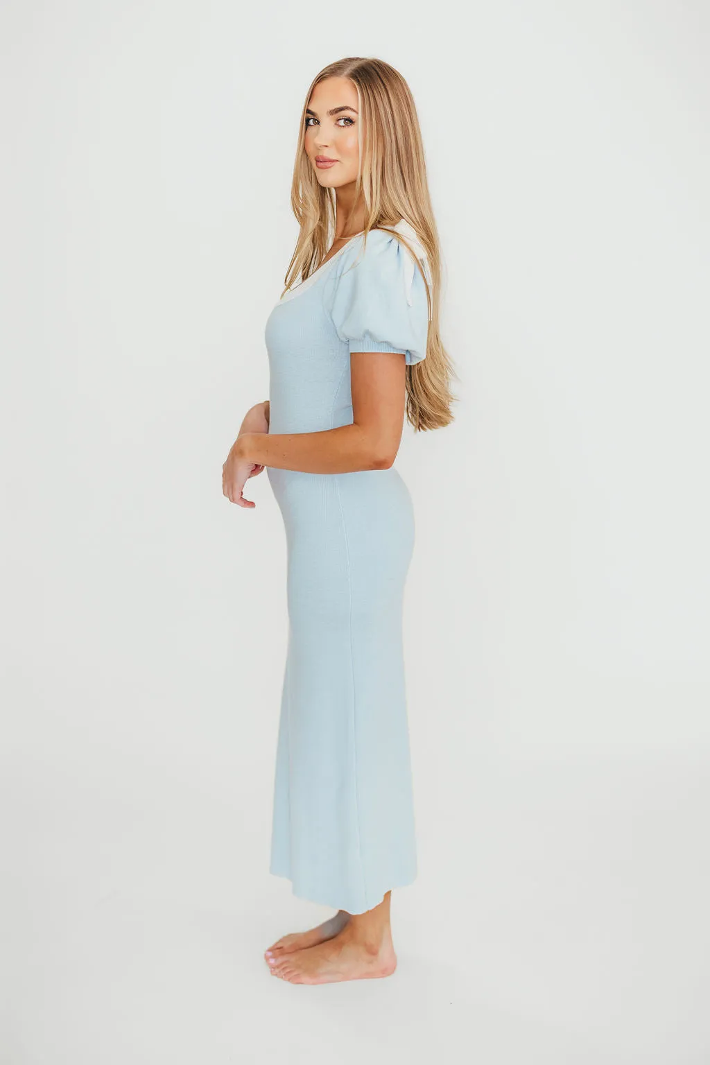 Mary Kate Bow Shoulder Sweater Maxi Dress in Sky/White sold by Worth Collective product image thumbnail 5
