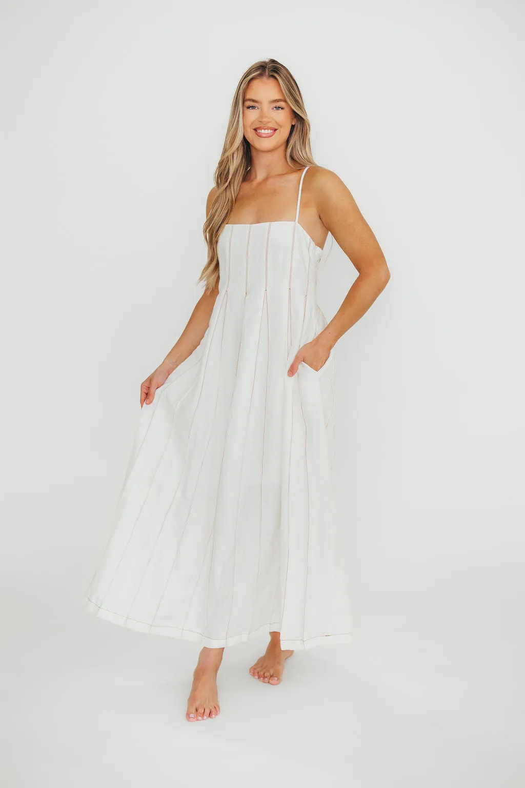 Mei Linen Stitch Maxi Dress in Cream sold by Worth Collective