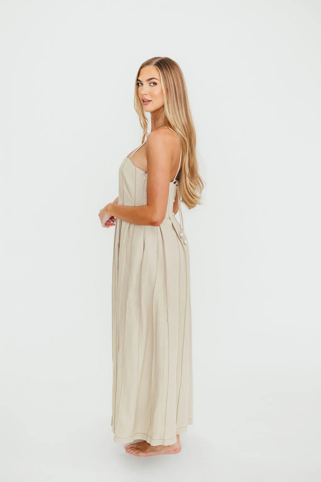 Mei Linen Stitch Maxi Dress in Khaki sold by Worth Collective product image thumbnail 4