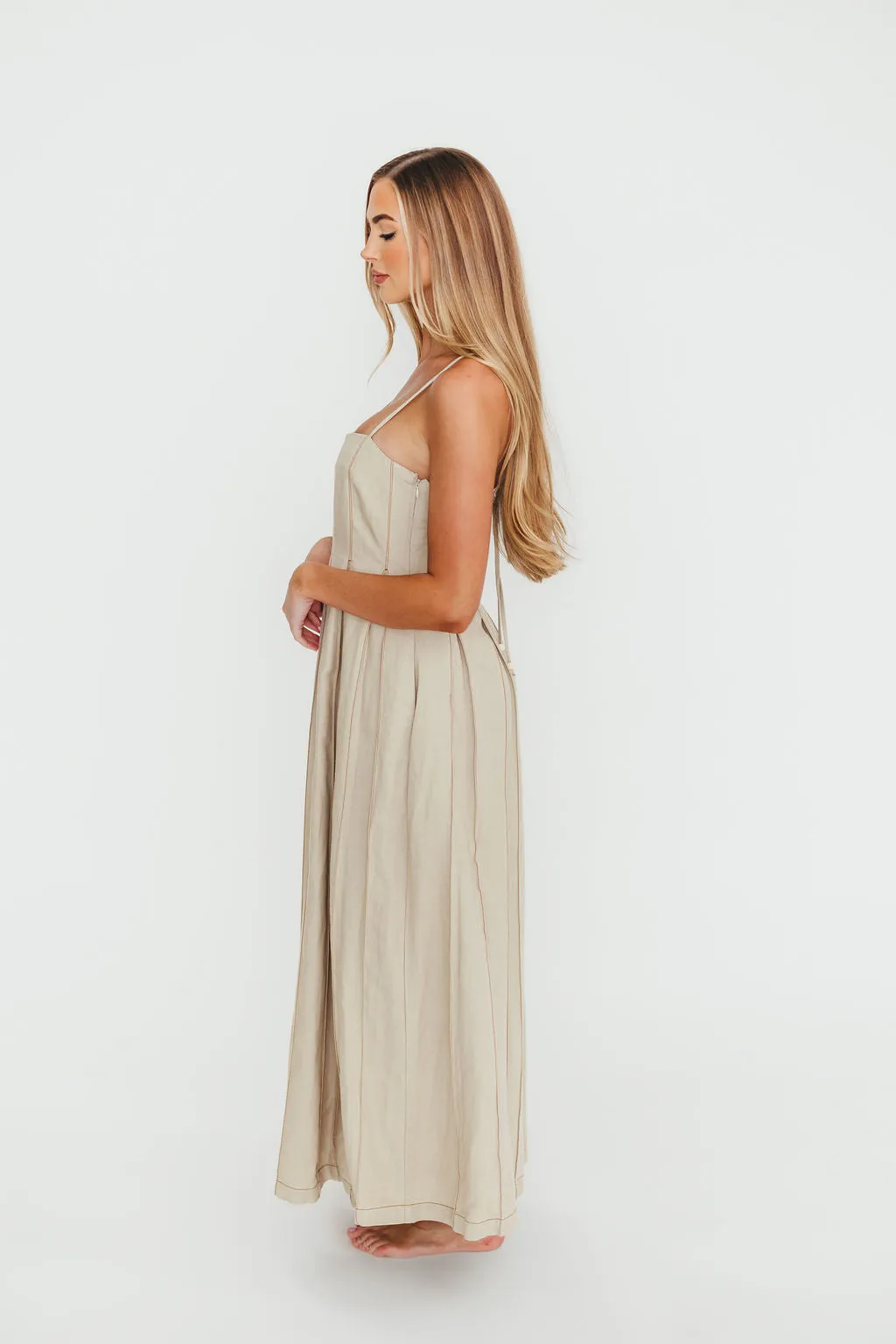 Mei Linen Stitch Maxi Dress in Khaki sold by Worth Collective product image thumbnail 3