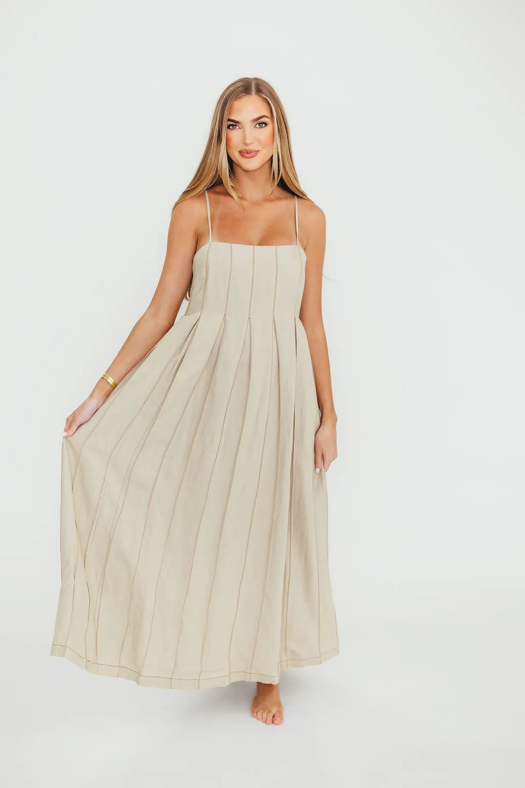 Mei Linen Stitch Maxi Dress in Khaki sold by Worth Collective