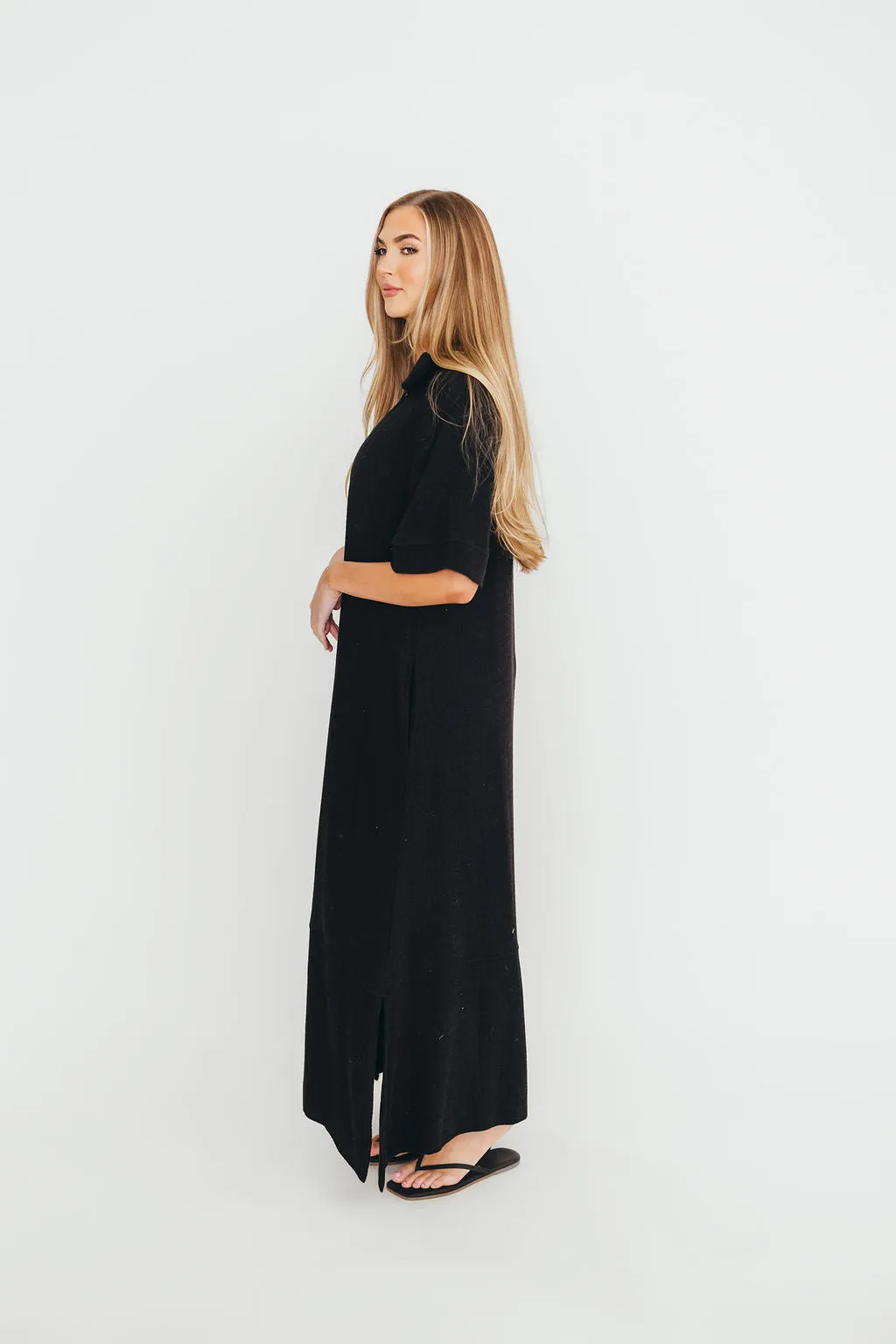 Fallon Linen-Blend Collared Midi Dress in Black - Bump Friendly sold by Worth Collective product image thumbnail 3