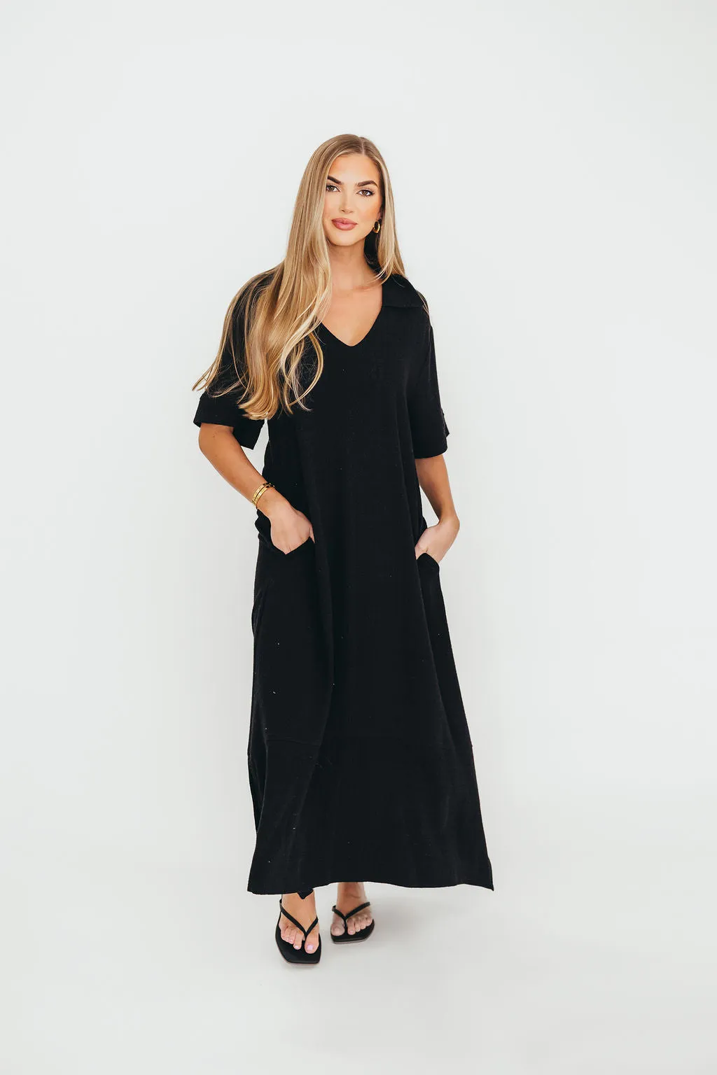 Fallon Linen-Blend Collared Midi Dress in Black - Bump Friendly sold by Worth Collective product image thumbnail 2