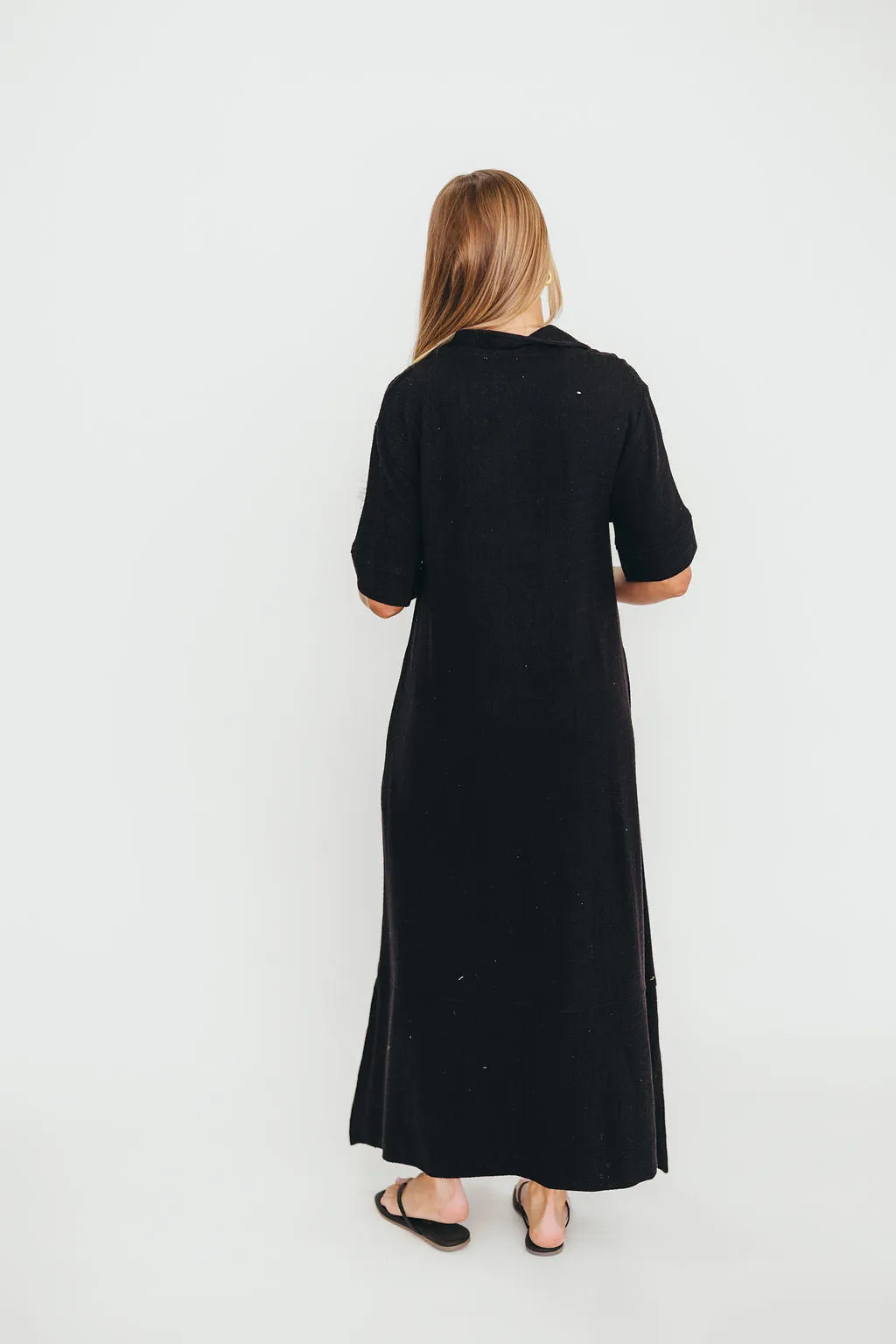 Fallon Linen-Blend Collared Midi Dress in Black - Bump Friendly sold by Worth Collective product image thumbnail 4