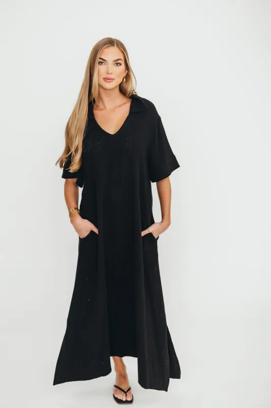 Fallon Linen-Blend Collared Midi Dress in Black - Bump Friendly sold by Worth Collective