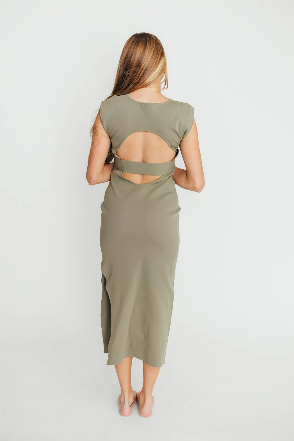 Arabella Open Back Bodycon Midi Dress in Light Olive sold by Worth Collective product image thumbnail 2