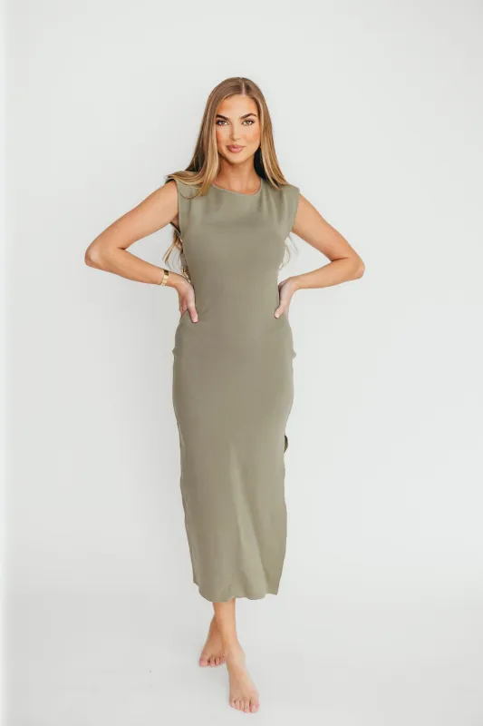 Arabella Open Back Bodycon Midi Dress in Light Olive sold by Worth Collective