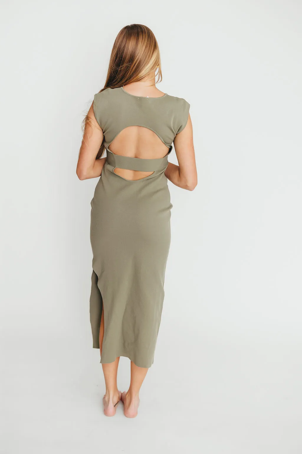 Arabella Open Back Bodycon Midi Dress in Light Olive sold by Worth Collective product image thumbnail 5