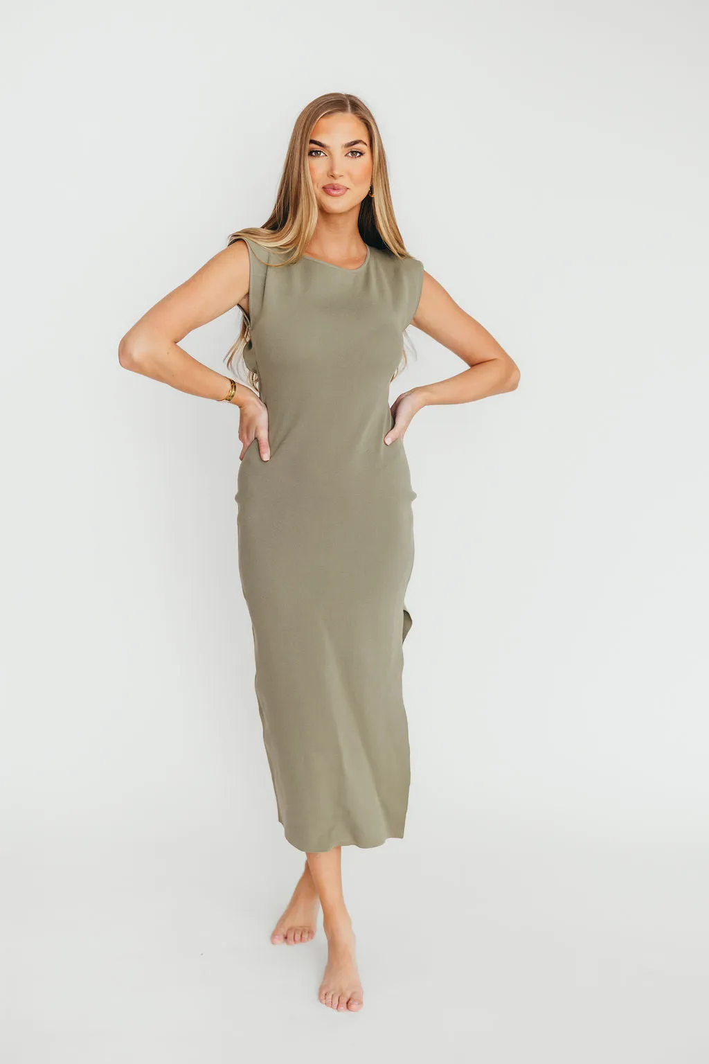 Arabella Open Back Bodycon Midi Dress in Light Olive sold by Worth Collective product image thumbnail 3
