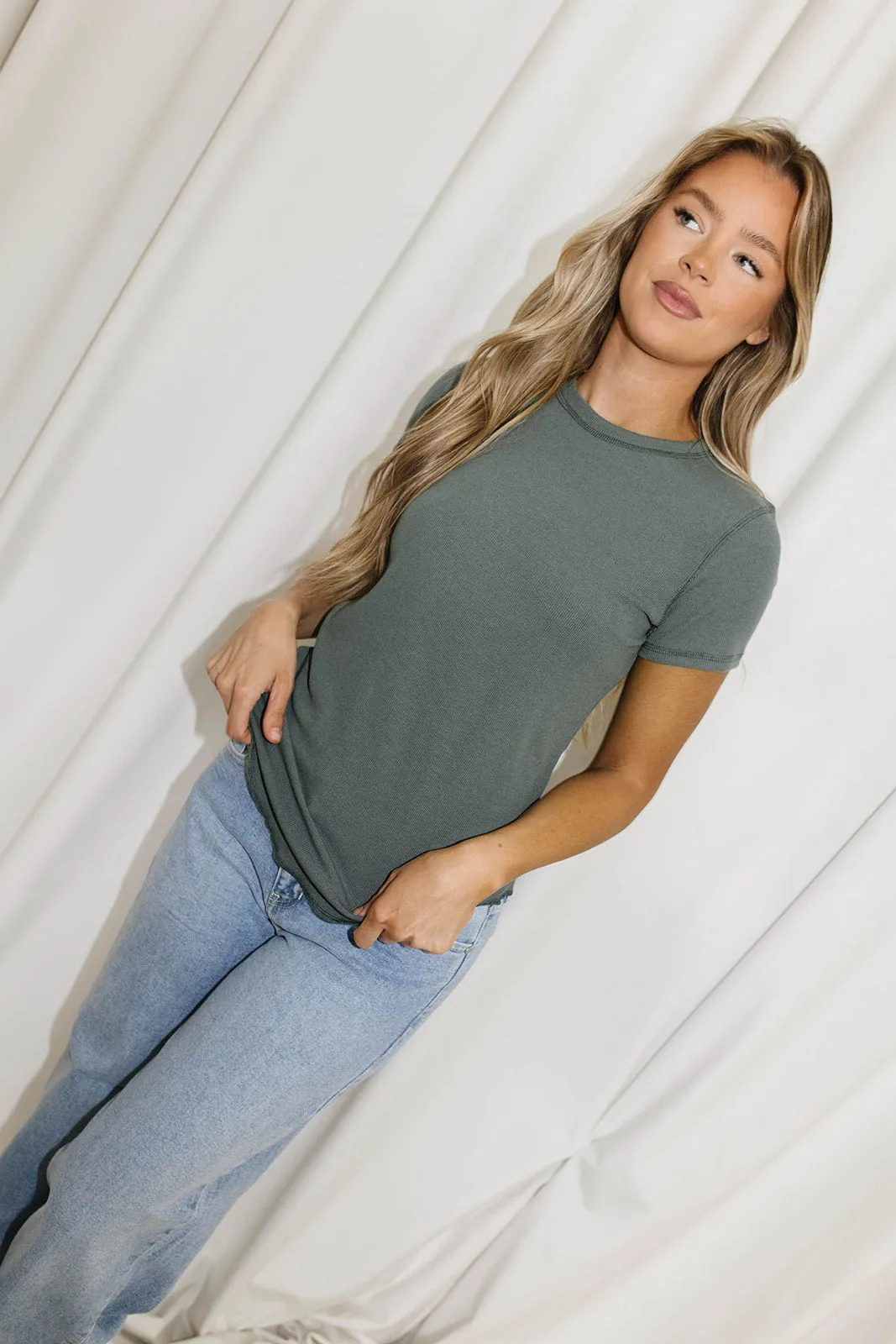 Phoenix Ribbed Knit Tee in Teal Green sold by Worth Collective product image thumbnail 4