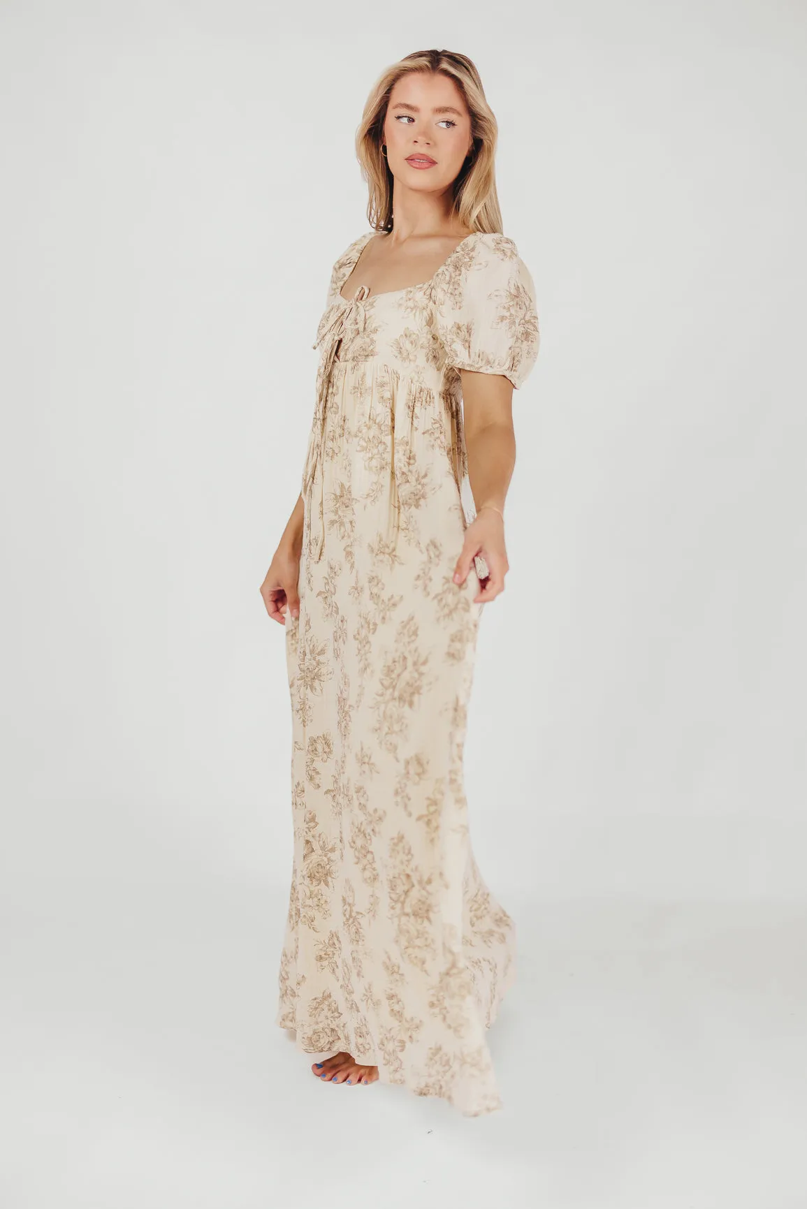 Haven 100% Cotton Tie-Front Maxi Dress in Taupe/Brown Floral - Bump Friendly sold by Worth Collective product image thumbnail 2