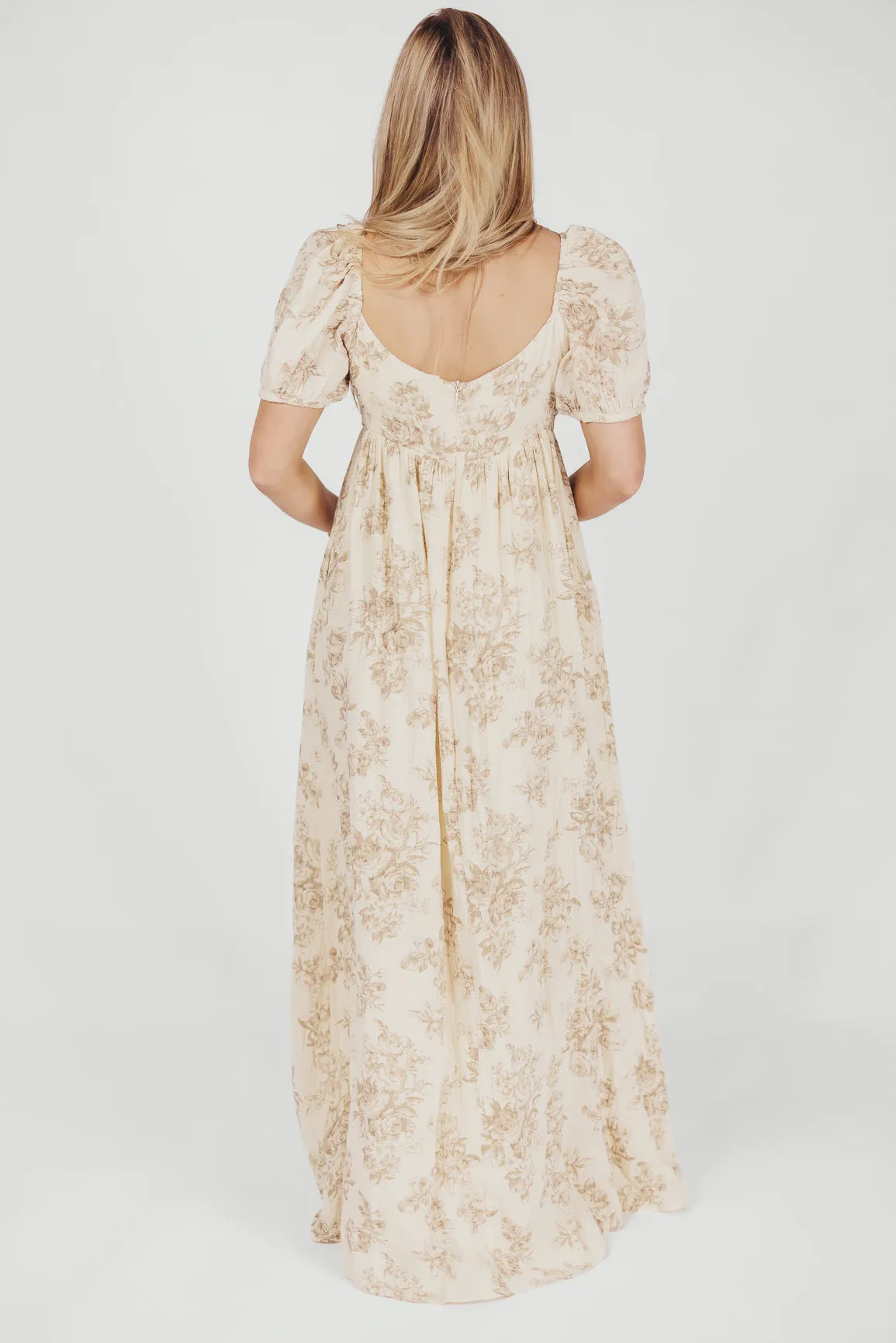 Haven 100% Cotton Tie-Front Maxi Dress in Taupe/Brown Floral - Bump Friendly sold by Worth Collective product image thumbnail 4