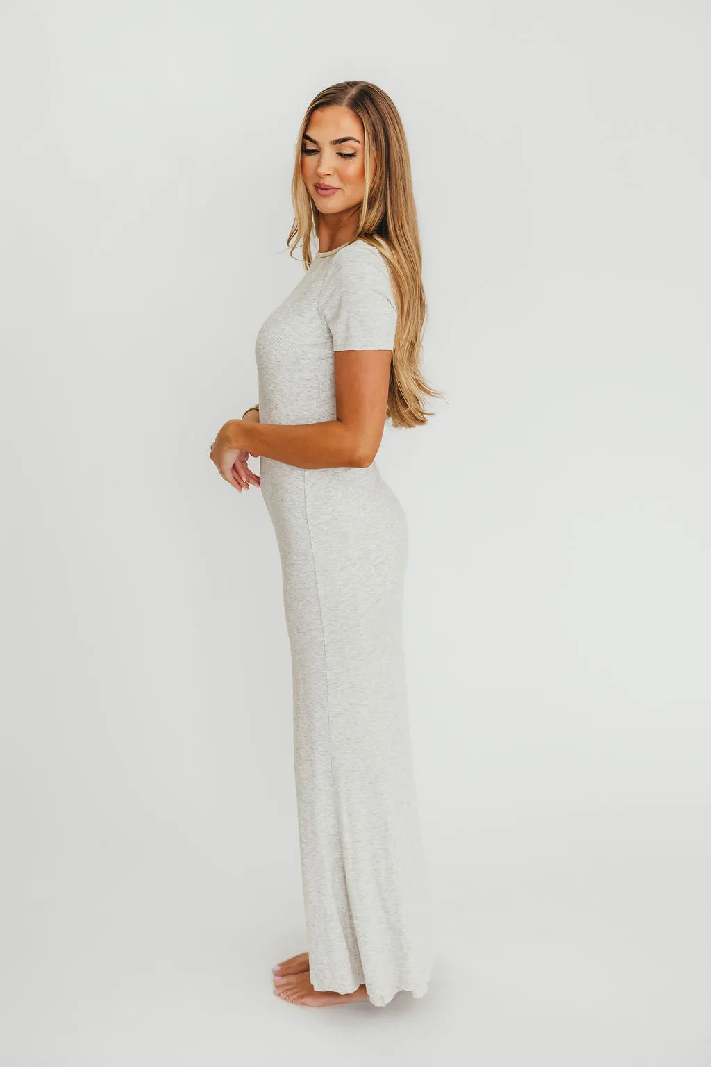 The Charlie Ribbed Maxi Dress in Light Heather Grey -Bump Friendly sold by Worth Collective