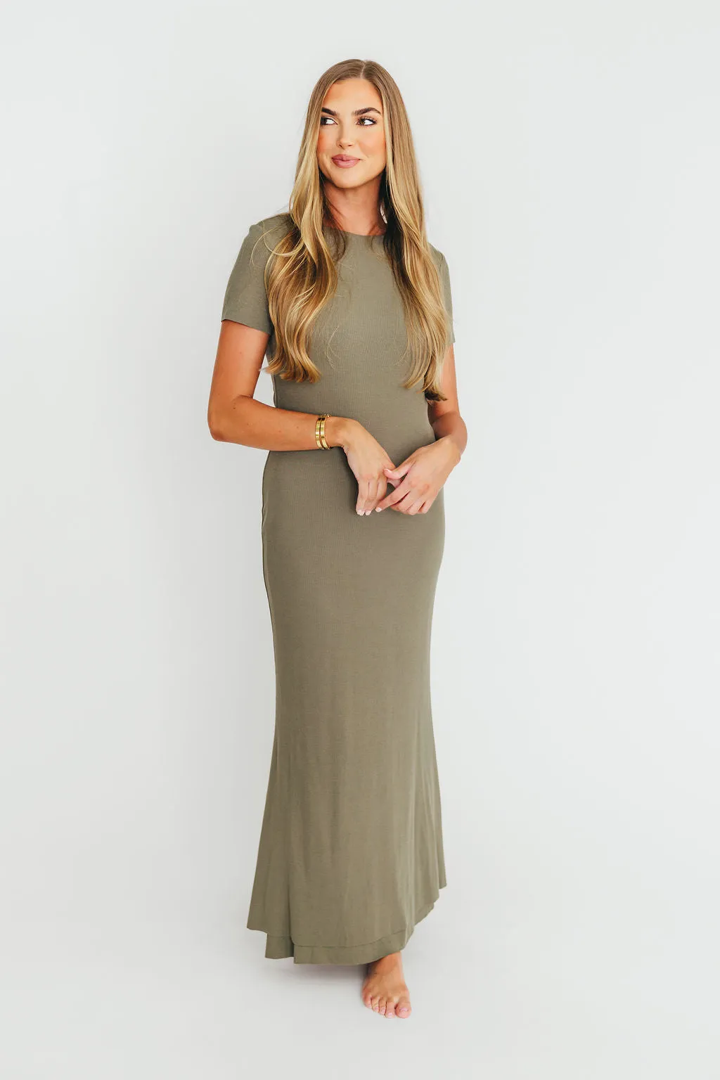 The Charlie Ribbed Maxi Dress in Dusty Olive Green - Bump Friendly sold by Worth Collective