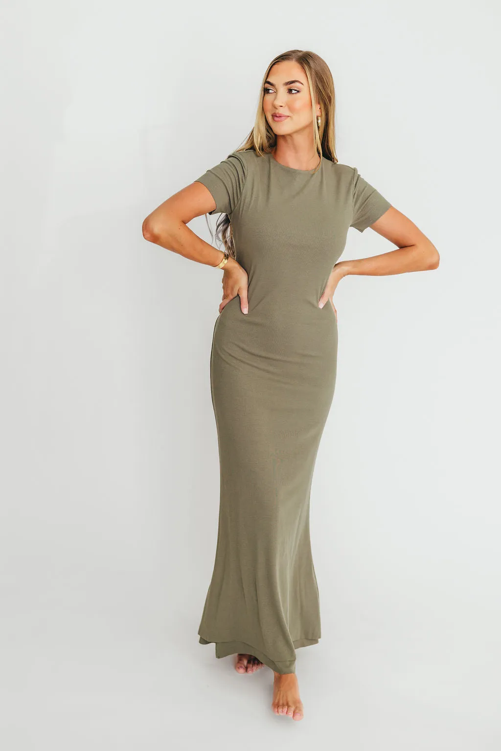 The Charlie Ribbed Maxi Dress in Dusty Olive Green - Bump Friendly sold by Worth Collective product image thumbnail 4