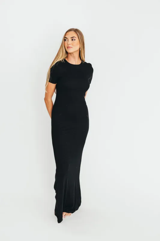 The Charlie Ribbed Maxi Dress in Black sold by Worth Collective