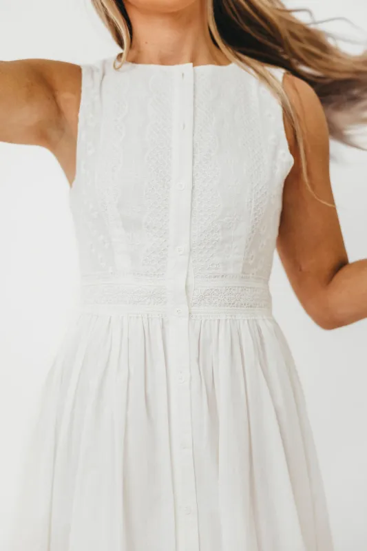 Darla Eyelet Lace Button Down Fit and Flare Midi Dress in Off-White sold by Worth Collective