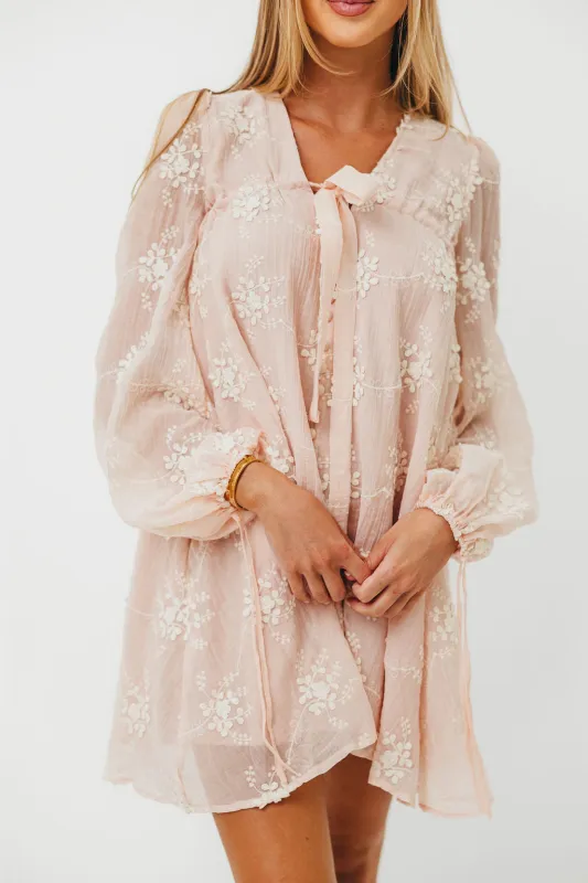 Erika Embroidered Long Sleeve Mini Dress in Pink sold by Worth Collective