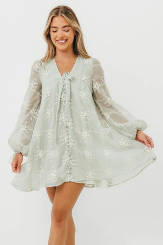 Erika Embroidered Long Sleeve Mini Dress in Mint sold by Worth Collective