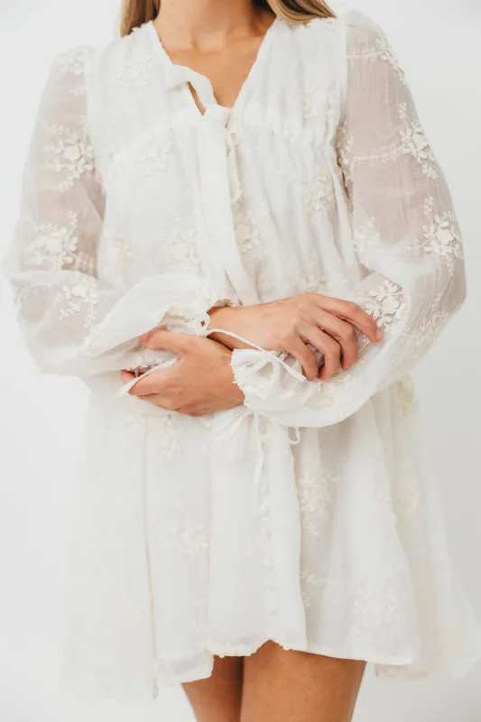 Erika Embroidered Long Sleeve Mini Dress in Ivory sold by Worth Collective
