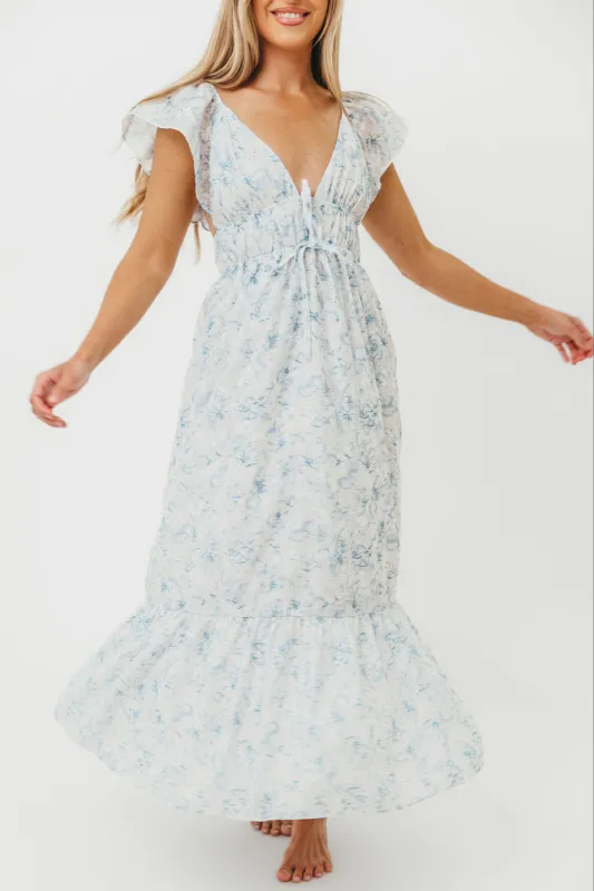 Alix Maxi Dress in White/Blue Floral sold by Worth Collective
