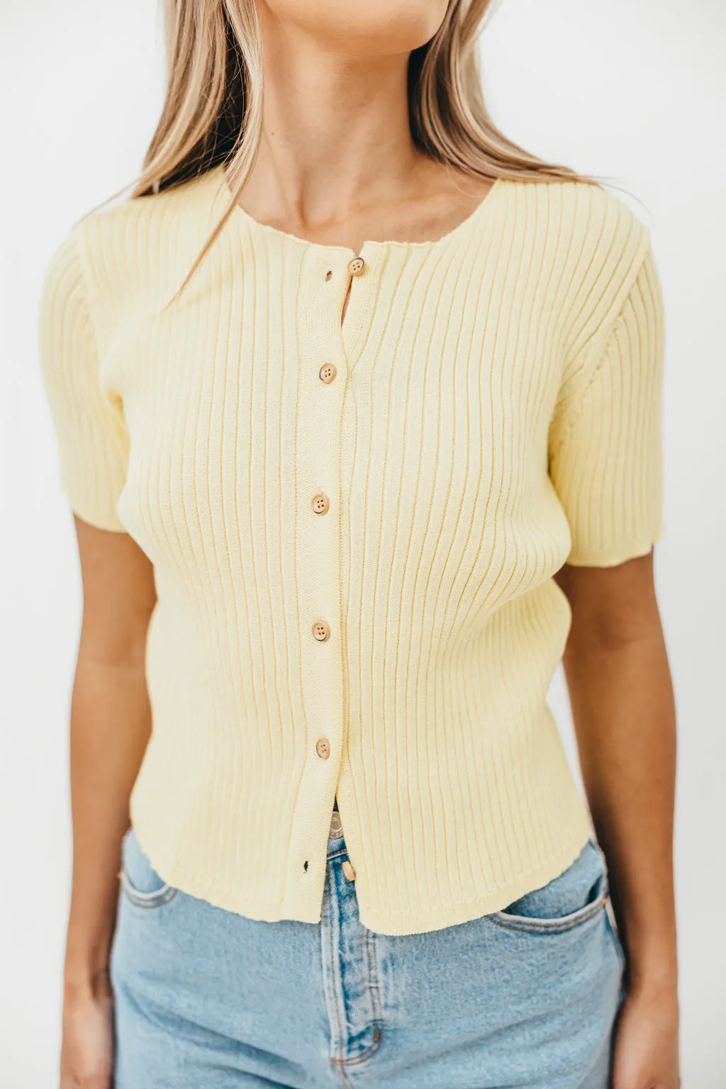 Meg Raw Edge Button Up Ribbed Knit Top in Light Yellow sold by Worth Collective product image thumbnail 3