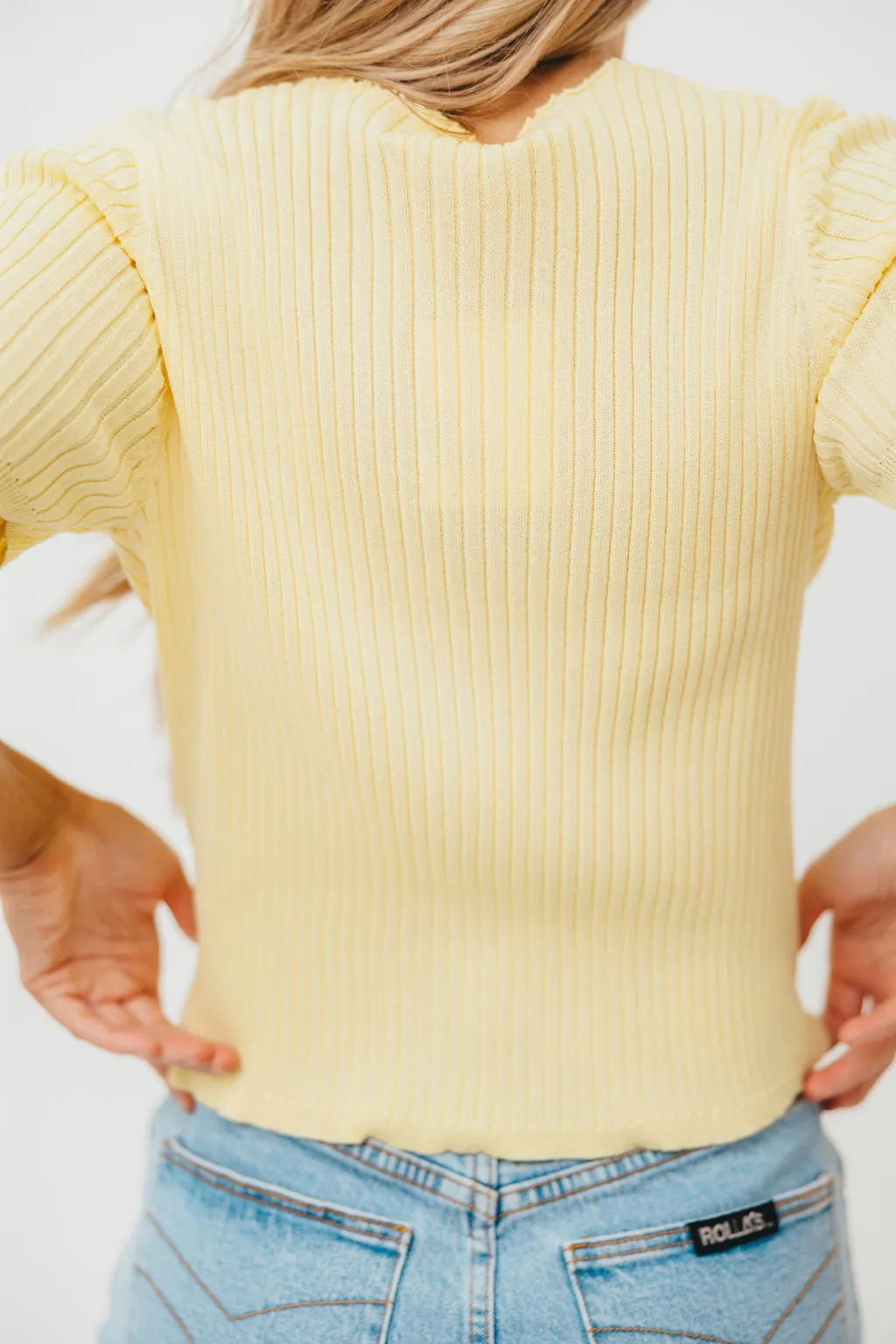 Meg Raw Edge Button Up Ribbed Knit Top in Light Yellow sold by Worth Collective product image thumbnail 4